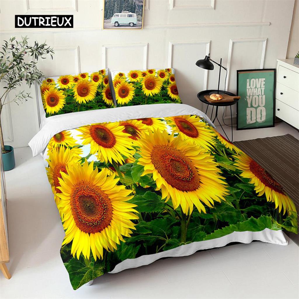 Sunflower Duvet Cover Set Yellow Flower Twin Bedding Set Polyester Black Gold Yellow Sunflowers Print Quilt Cover for Kids Teens