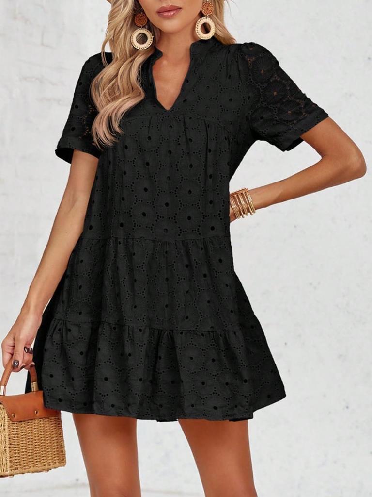 Women's Eyelet Lace Babydoll Dress Short Sleeve V Neck Flowy Summer Tunic Dress