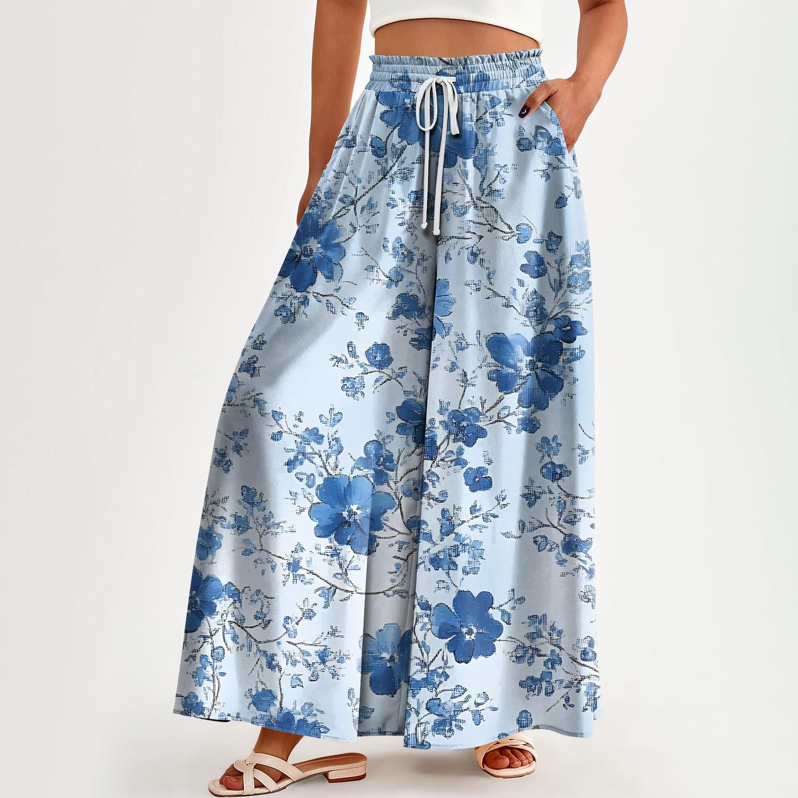 

Женские брюки с высокой талией, широкие, повседневные, струящиеся брюки-палаццо, брюки с цветочным принтом и карманом XXXL синий