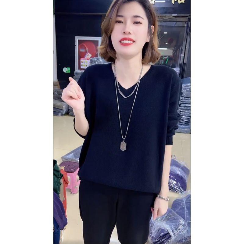 

Топ вязаный пуловер с V-образным вырезом и длинными рукавами в K-стиле, закрывающий живот Black Free size 80-150