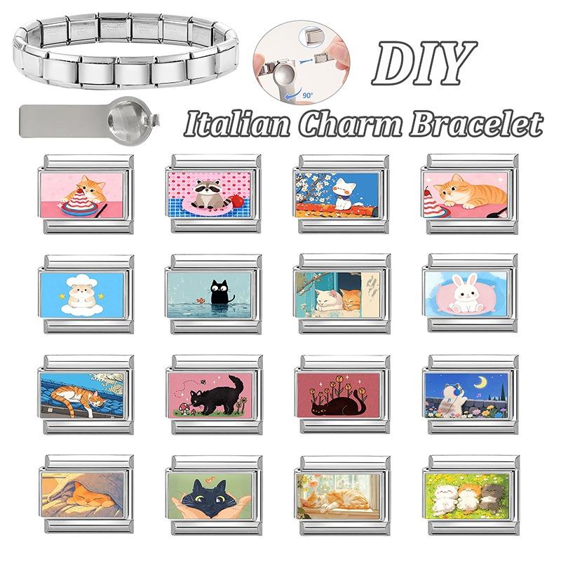 Women's Gift Cute Cat Looks At The Cake DIY Italian Charm Links Beads Fit 9mm Stainless Steel Modular Bracelet Jewelry Gift