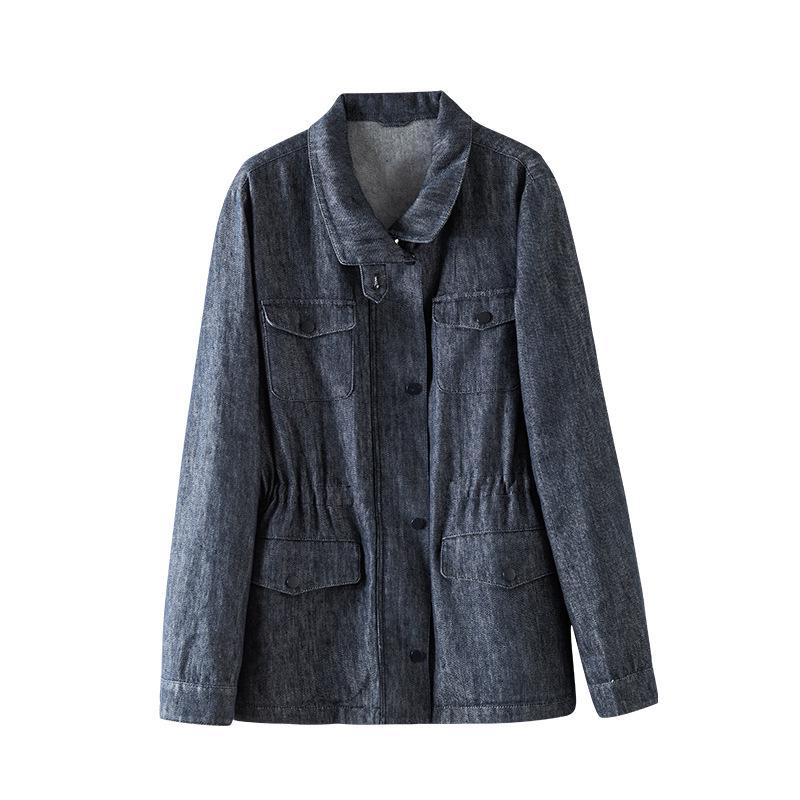 Xin Ge Blue Linen Workwear Jacket with Drawstring Waist and Multi-Pockets