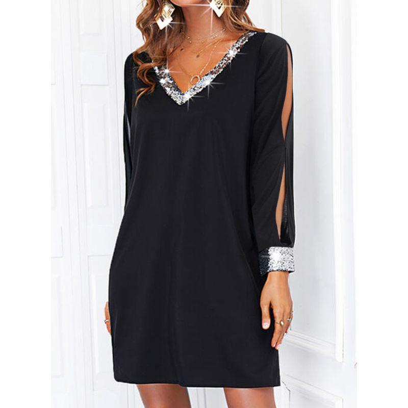 Plus size women clothing Fat Sister European Autumn New V-neck Sequins Patchwork Arm-Exposed Leisure Long sleeve dress S-5XL