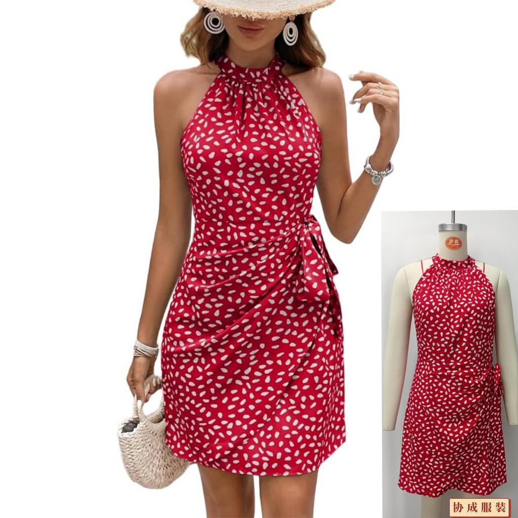 Spring Summer Women Halter Neck Sleeveless Dress Floral Printed Slim Fit Bandage Dress A Line Short Dress