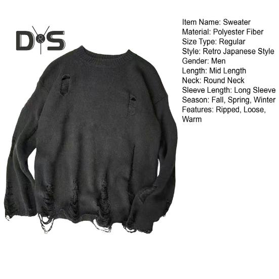 Men Fall Winter Sweater Ripped Hole Solid Color Round Neck Knitted Retro Japanese Style Mid Length Loose Long Sleeve Soft Warm Pullover Men Sweater