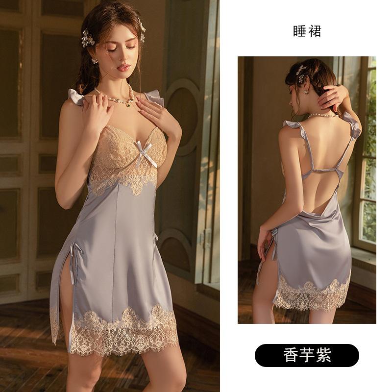 Women's Satin Lace Push Up Padded Flutter Sleeve Slit Sleep Dress with Robe Set
