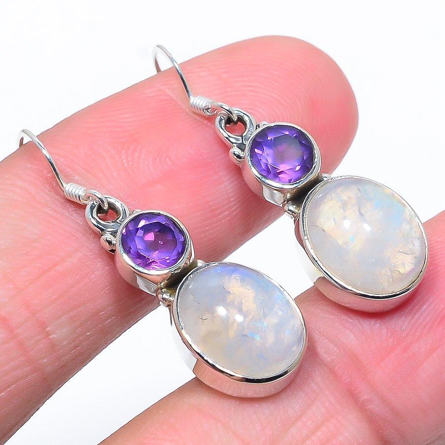 Boucles d'oreilles en argent sterling massif 925 avec pierre de lune arc-en-ciel naturelle 1,38" Y7T01