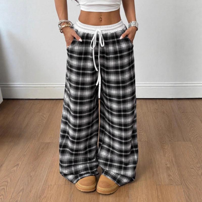 Retro Casual Floor-Length Drapey Wide-Leg Plaid Pants With Elastic Waist Straight-Leg Casual Trousers For Women