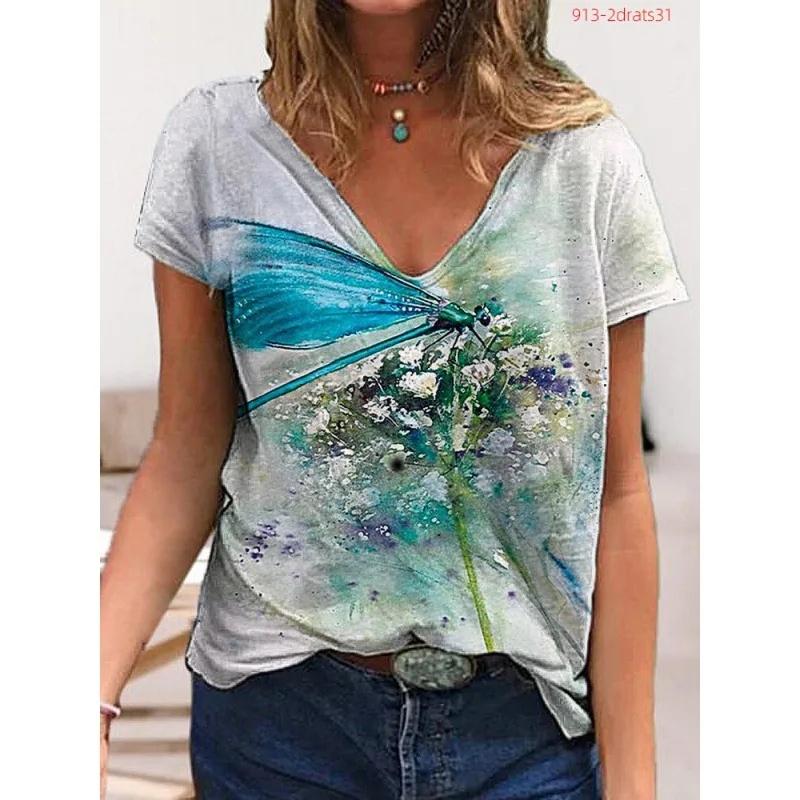 Sommer Damen Kurzarm T-Shirt Schmetterling V-Ausschnitt 3D Druck Freizeit Oberteil Mehrere Stile und Größen zur Auswahl