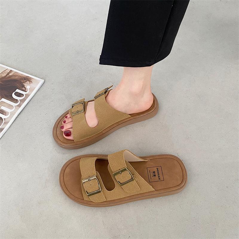 2025 summer new soft-soled outer wear belt buckle cool slippers women's retro casual flat beach shoes