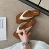 Ladies' New Style, One Pair of Square Headed Leather Leopard Print Versatile Low Heel Clip Toe Flip Flops for Women's Outdoor Wear