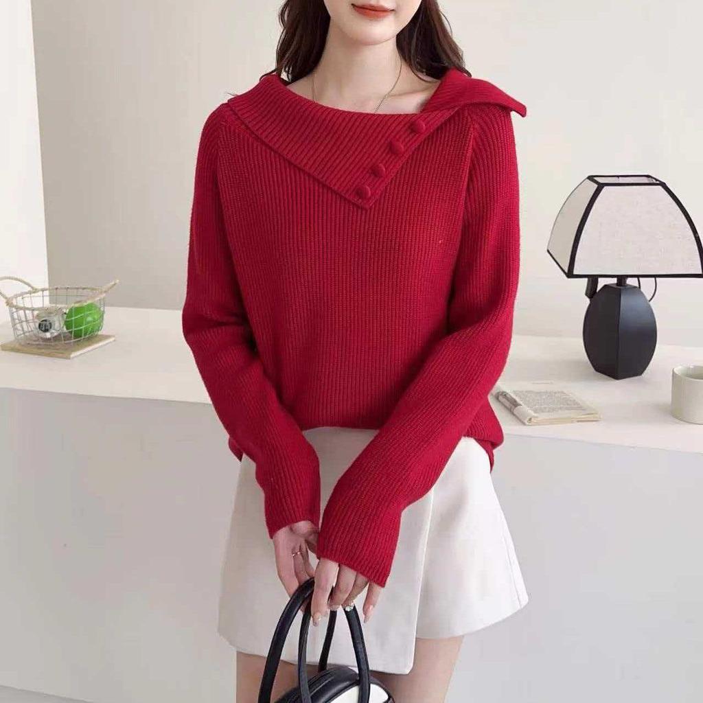 Women's Irregular Lapel Knit Sweater - Autumn/Winter Lazy Style