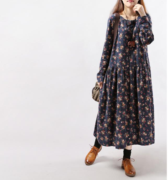 Spring Women's Cotton and Linen Floral Long Sleeved Dress