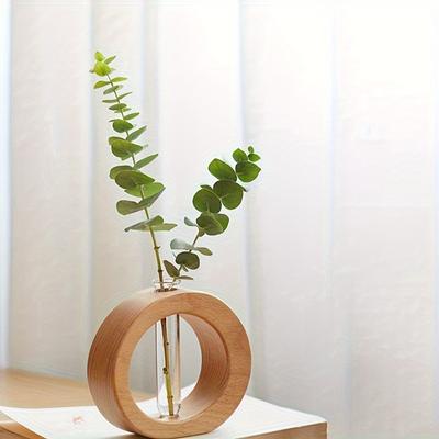 Chique Ronde Glazen Vaas voor Verse Bloemen - Houten Basis, Hydroponisch Plantendecor voor Woonkamer & Huis