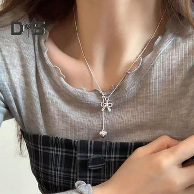 Bow Necklace Silver Bow Heart Pendant Necklace Women Simple Jewelry Gift for Dating Daily Wear Banquet Work Party