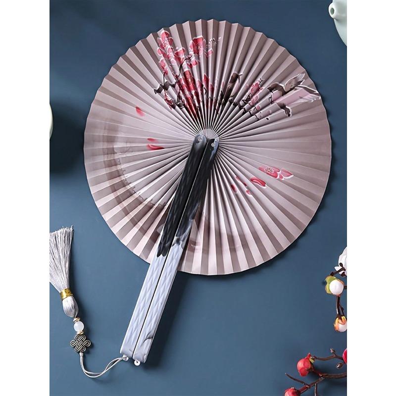 Chinese Folding Paper Fan with Tassels - Traditional Floral Design, Lightweight Plastic Portable Fan for Women, Hanfu, Home Decor, Cultural Gift