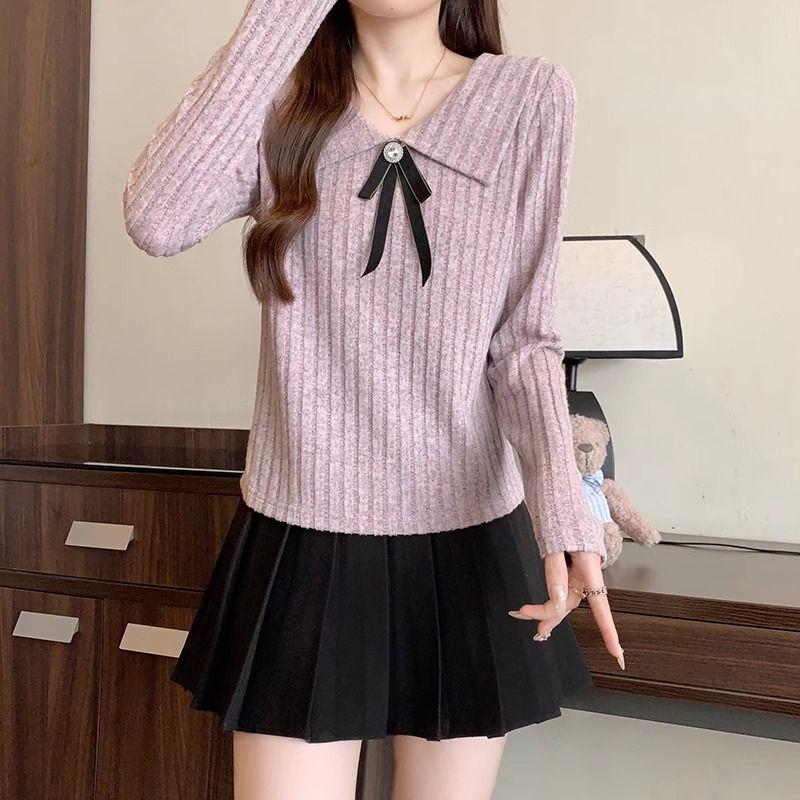 Tie Sweet Doll Collar Bow Tie Sweater, Spring, Autumn and Winter Skinny Cover Up Meat with Long Sleeve Tops, Knitted Inner Ladies Tops