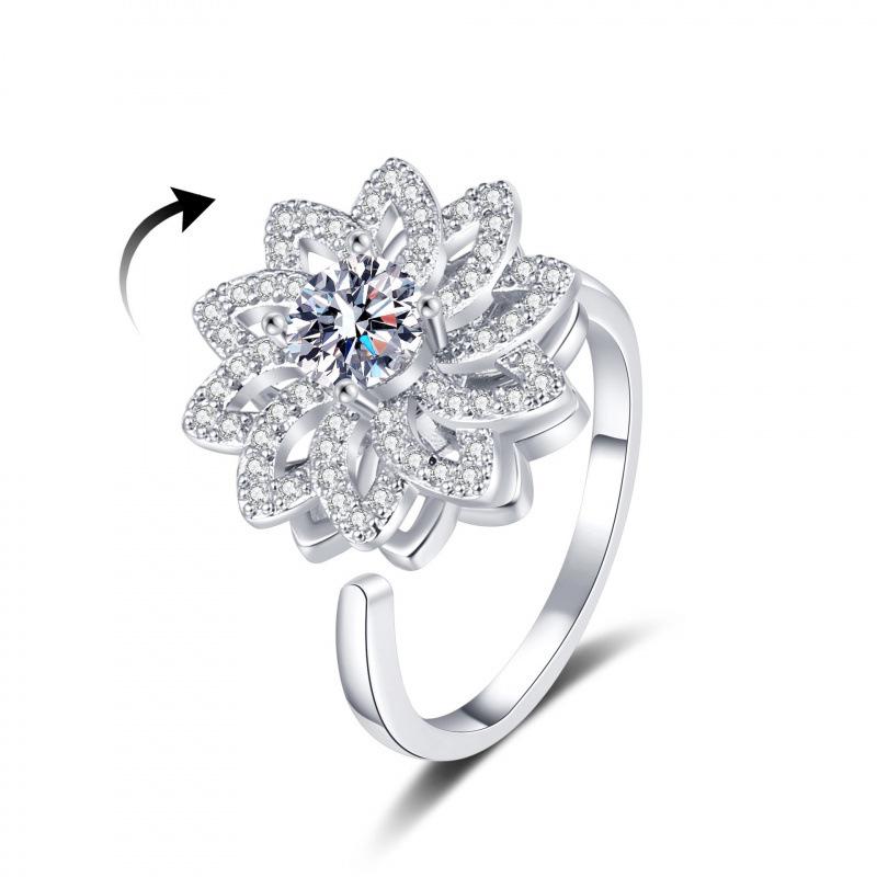 European-American Women s Rotating Zirconia Four-Leaf Clover Ring Adjustable Opening платиновый