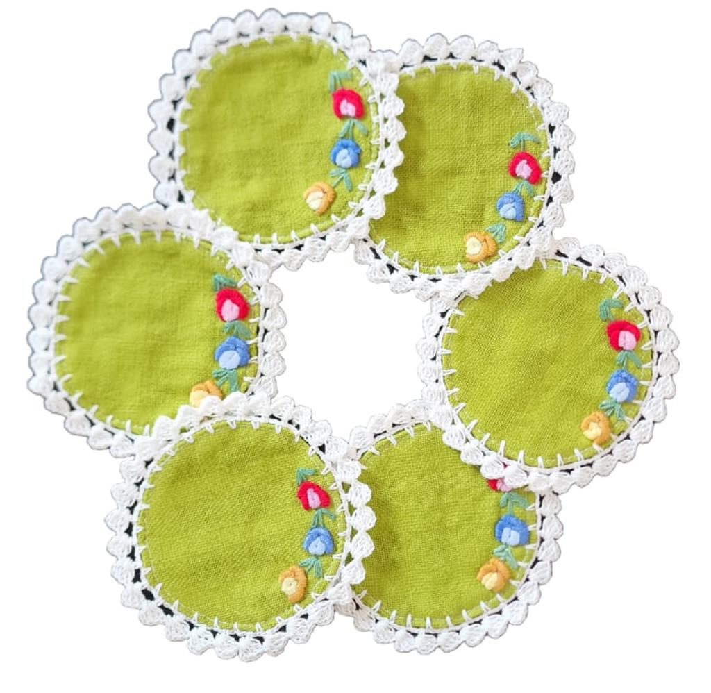 Cute and stylish floral embroidered coasters, 10cm diameter, set of 6, made from Thai cotton (green)
