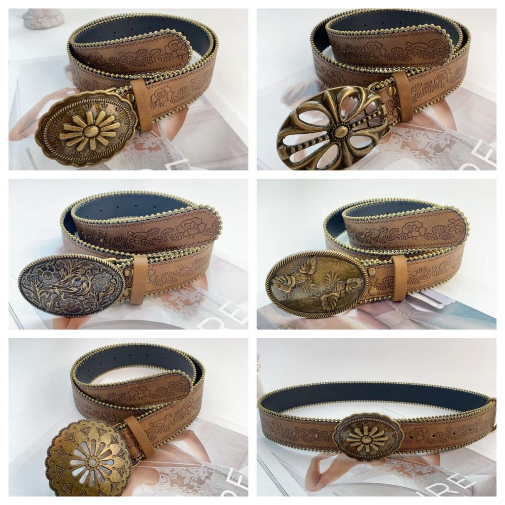 Zinc Zinc Alloy Cowgirl Buckle Belt Vintage Flower PU Hollow Belt Fashion Cowboy Waistband  Dress Decoration