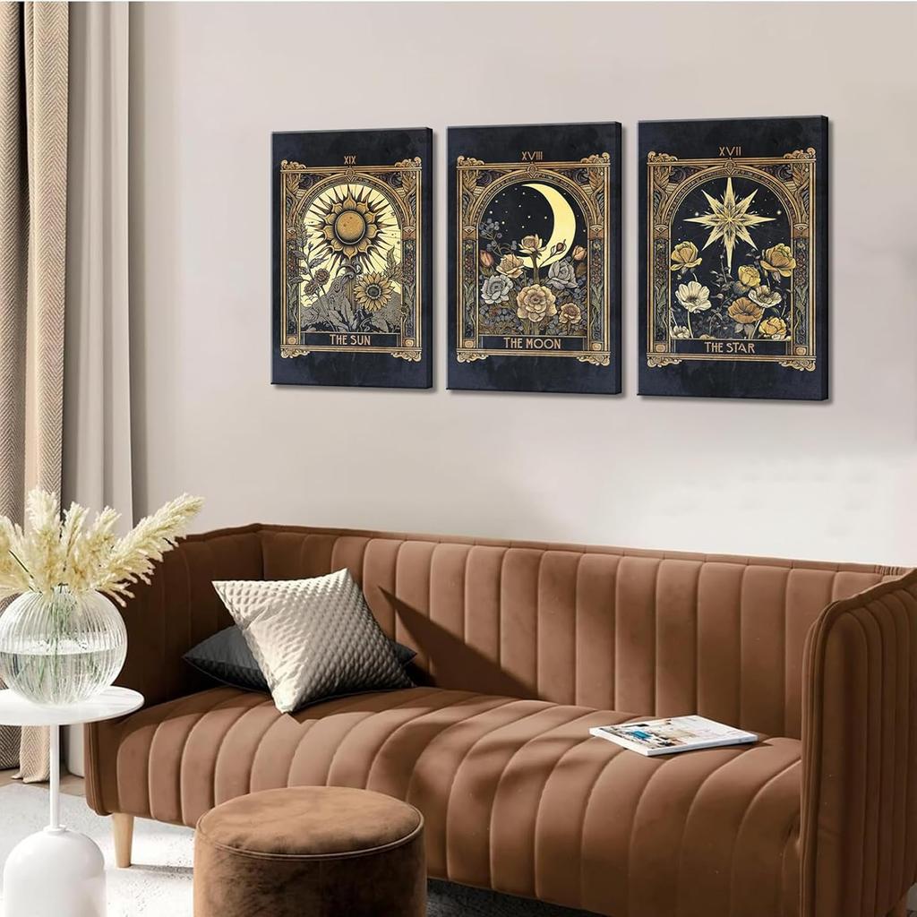 Tarot Cards Celestial Canvas Wall Art Set of 3 Boho Mystic Astrology Paintings Pictures Wall Decor Star Sun and Moon Posters Prints for Living Room