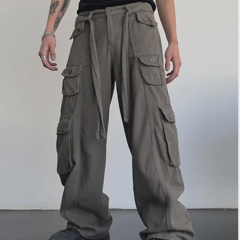 Men's Retro Hip-Hop Multi-Pocket Overalls - Original American High Street Fashion Brand, Japanese-Style Straight Casual Pants