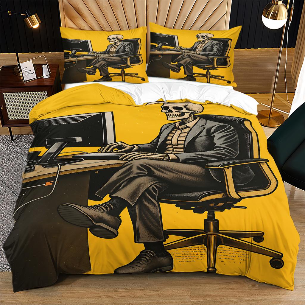 Skeleton Office Worker Duvet Cover Set Gothic Skull Typing On Computer Print Quilt Cover Set Vintage Cozy Bedding Set Home Decor