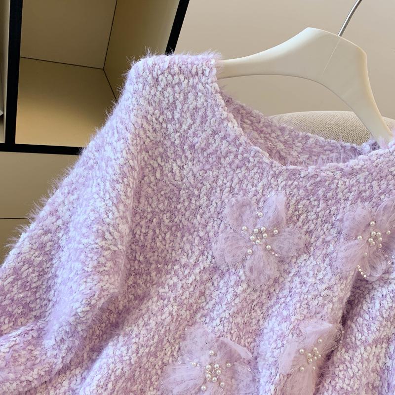 Women's Beaded Flower Faux Mink Knit Sweater