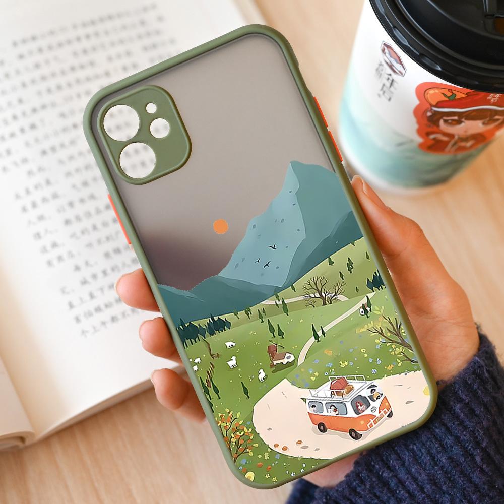 Cartoon Landscape Scenery Phone Case For iPhone 15 14 12 11 13 Pro XS Max 13Mini XR X 8 14Plus SE3 Matte Hard Cover Shell Fundas