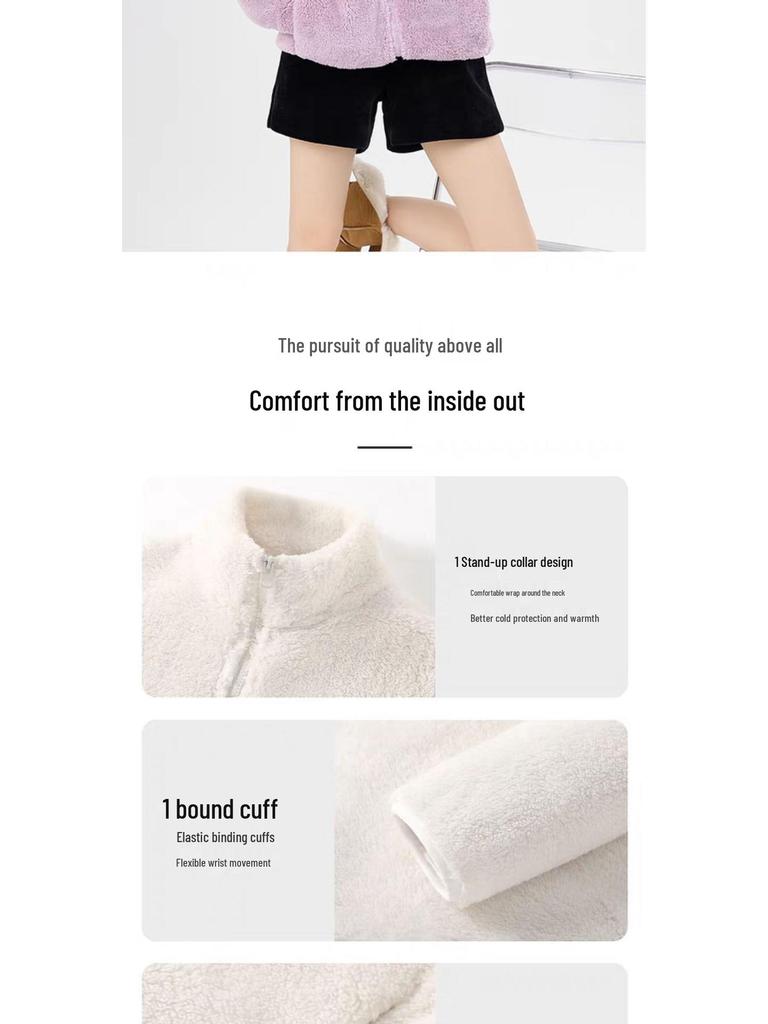 Women's Double-Sided Fleece Jacket - Short Sleeve, Loose, Plus Velvet, Thickened for Autumn/Winter Warmth, Coral & Sherpa Fleece Pajamas.