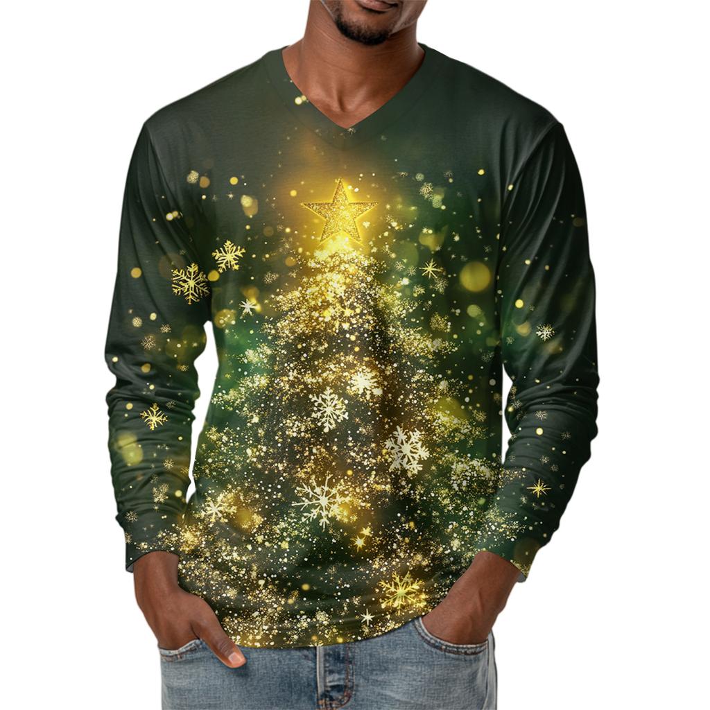Men's Fashion Printed V-Neck Casual Long-Sleeved T-Shirt Bottoming Shirt Top