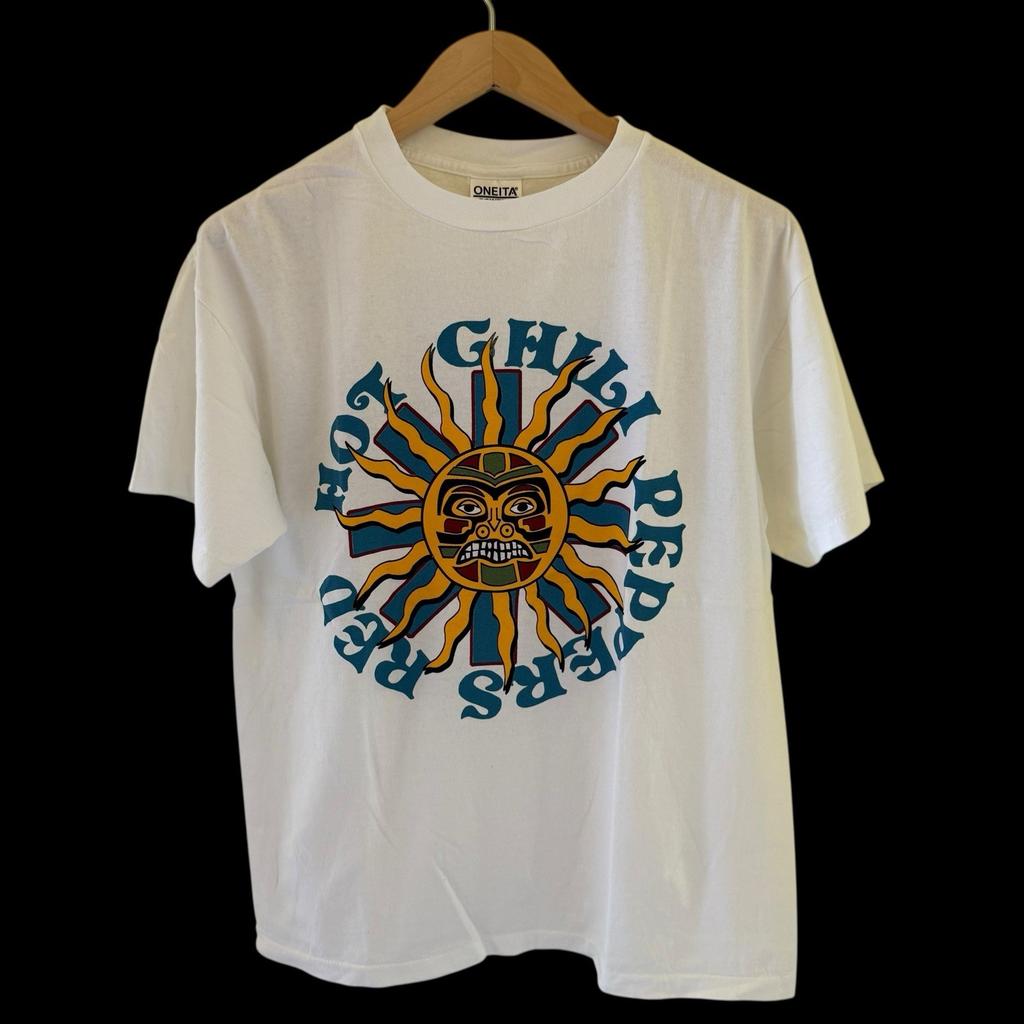 Women's Cotton Crew Neck VTG Red Hot Chili Peppers Size Large European Tour 1996 Sun Face T-shirt REPRINT