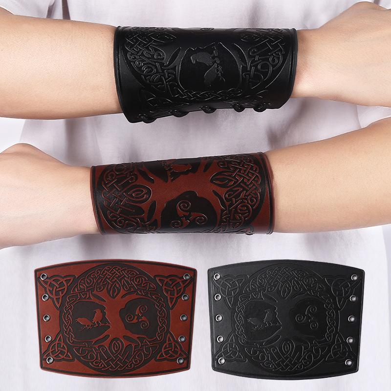 Punk Wide Leather Bracelet Arm Armor Cuff Wrist Guard Crow and Sheep Head Pattern Wide Bracer