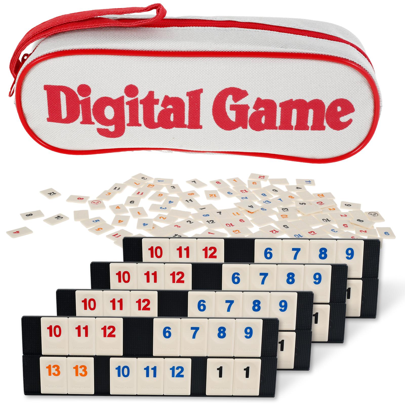 Gioco Rummy Cube con 4 Supporti Set Gioco Rummy Cube da 104 Pezzi con Custodia Portatile Set da Viaggio con Tessere Rummy per Famiglia Classici Giochi