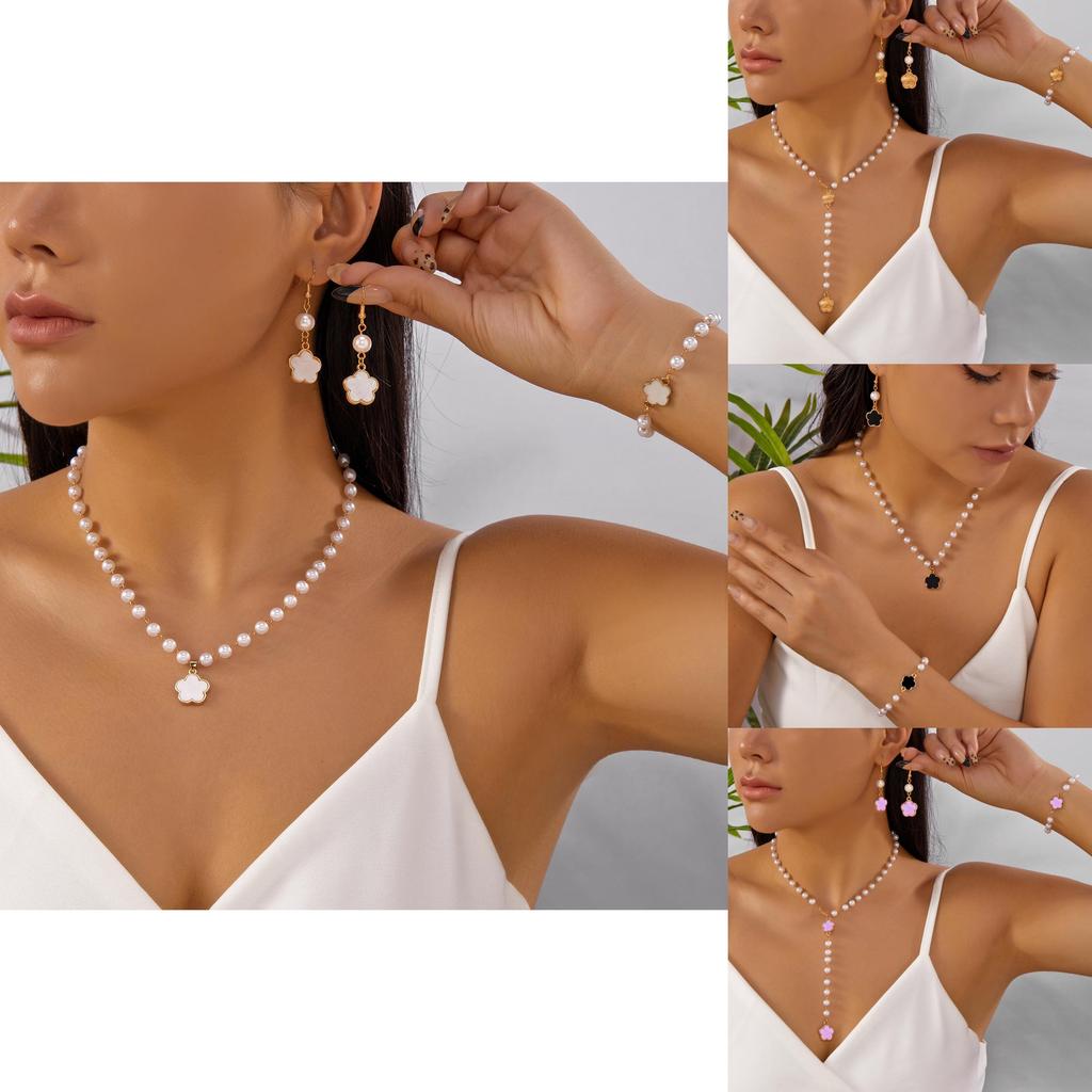 Geometrisches Blumendesign Schmuckset mit Perlenanhänger für Damen Modeaccessoires