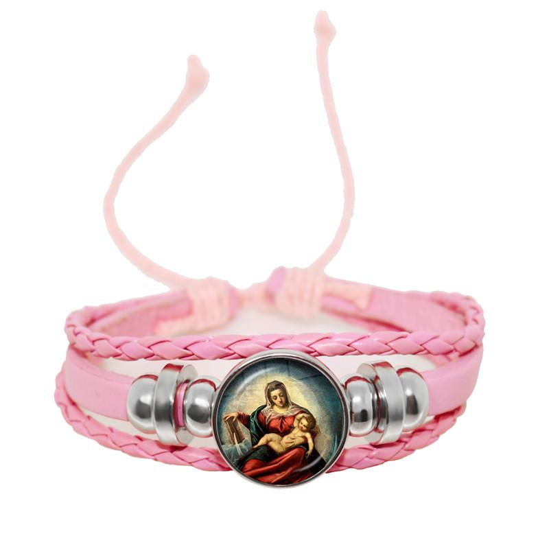 Virgin Mary Baby Jesus Christian Catholicism Jewelry Black Button Leather Bracelet Blessed Mother Religious Glass Cabochon Gift