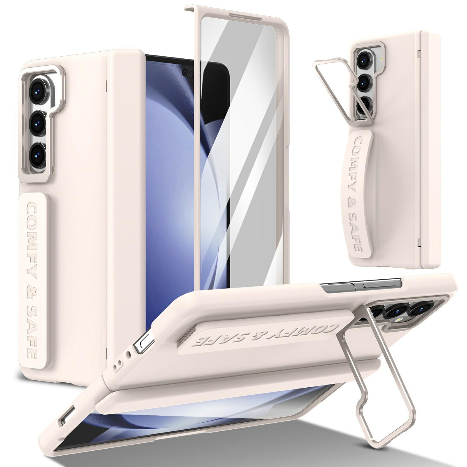 

For Samsung Galaxy Z Fold5 5G Case Lens Kickstand Hinge Protection PC Phone Cover with Screen Film Apricot