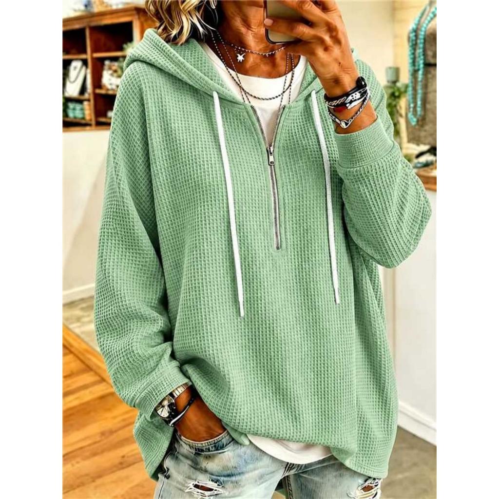 Women's Waffle Hoodie, Drawstring Zip-Up Loose Long Sleeve Sweatshirt Top, New Arrival, European American Style Cross-border Women's Clothing