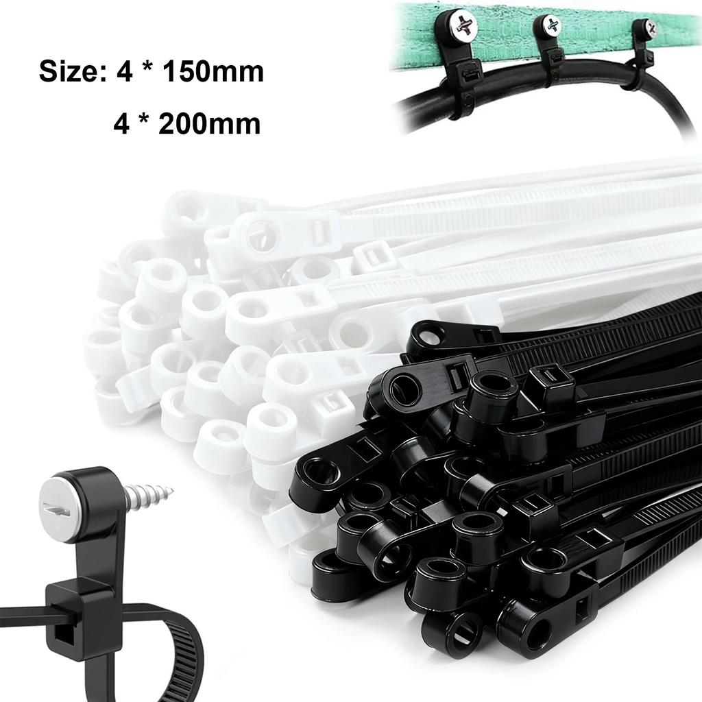 100-400Pcs Screw Hole Cable Ties Nylon Self-Locking Loop 4x150/200MM Wrap Bundle Mount Organizer Fastening Straps Fasten Zip tie