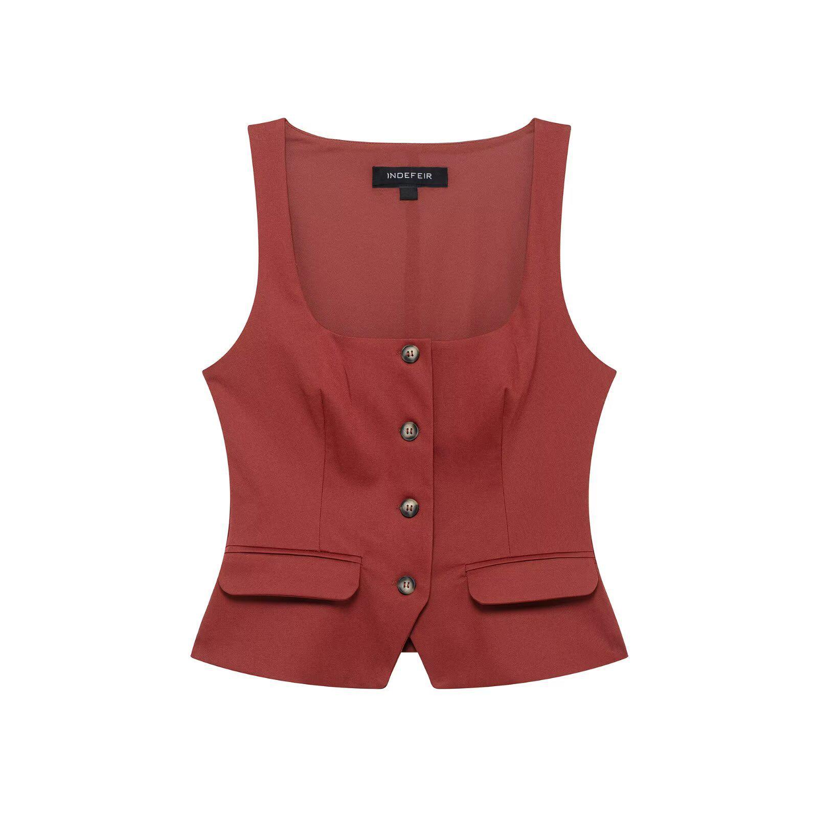 

TAOP&ZA Женский приталенный топ-жилет без рукавов с квадратным вырезом и двубортной застежкой, весна/лето Large кирпич красный