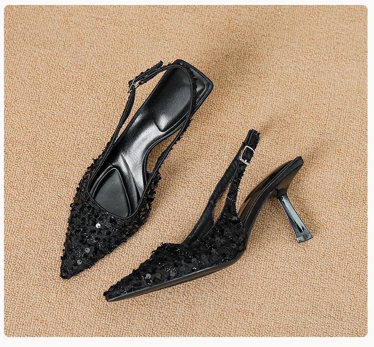 Dámské sandály s špičatou špičkou a jednoslovnou přezkou, luxusní design, boty na podpatku, dámské kožené boty na vysokém tenkém podpatku, elegantní sexy boty se třpytkami