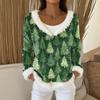 Women's Fashion Plush V Neck Pullover Top Long Sleeve Tee Christmas Printed Sweatshirt
