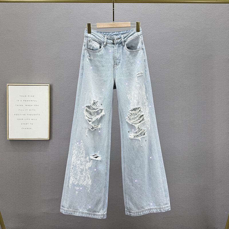 

Горячая Вышивка Рваные Джинсы Брюки Клеш Женские Трендовые 2025 Весна Лето Новые С высокой талией Свободные Слим-фит Европейские Товары Брюки-швабры Blue S