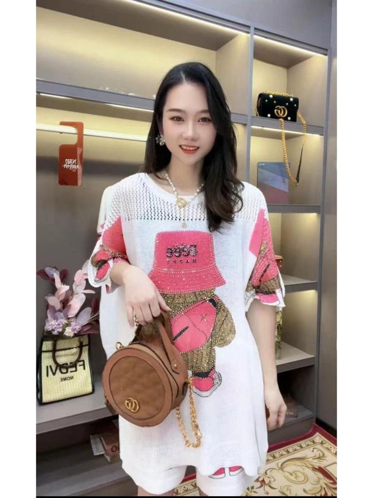 Plus Size Women's Summer Bear Print Knitted Two-Piece Shorts Suit