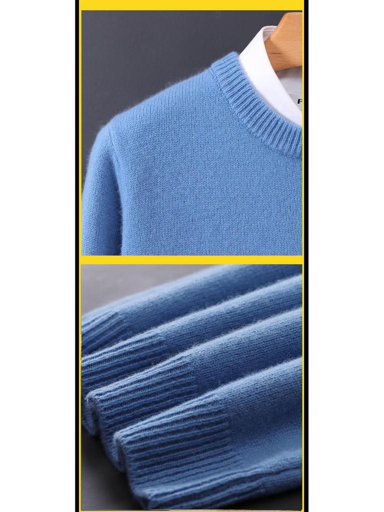 Men's Plus Size Crew Neck Wool Sweater, Casual Korean Style, Autumn/Winter Knitted Base Layer