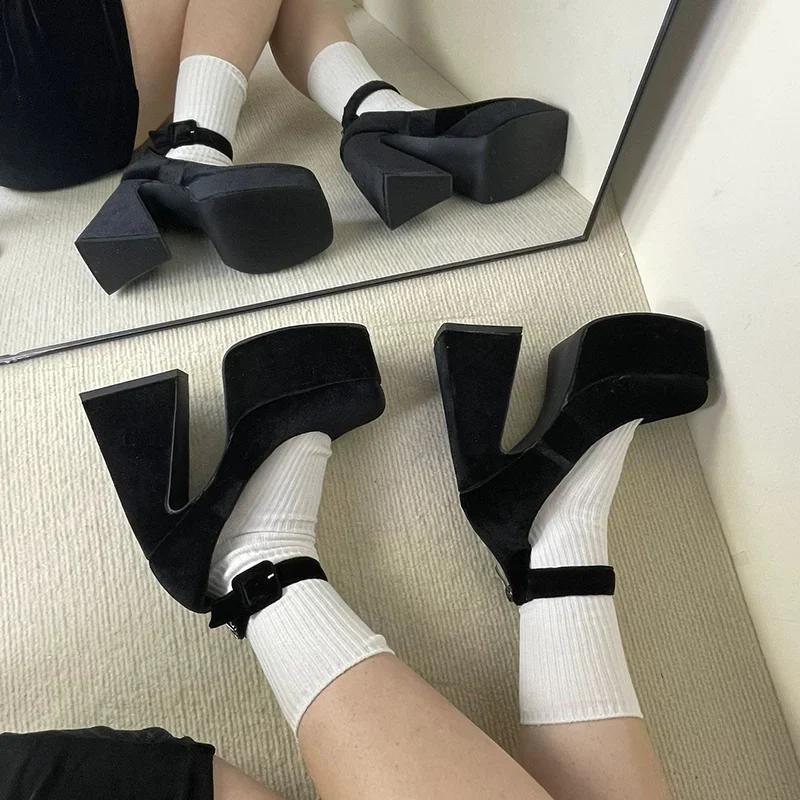 Fashion Women High Heel Pumps Fashion Lolita Shoes Women Chunky Platform Mary Janes Woman Square Toe Thick Heels Party Shoes Casual Shoe