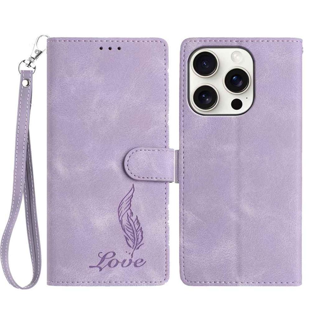 For iPhone 16 Pro Max Case Imprinted Feather PU Leather Wallet Phone Cover with Wrist Strap