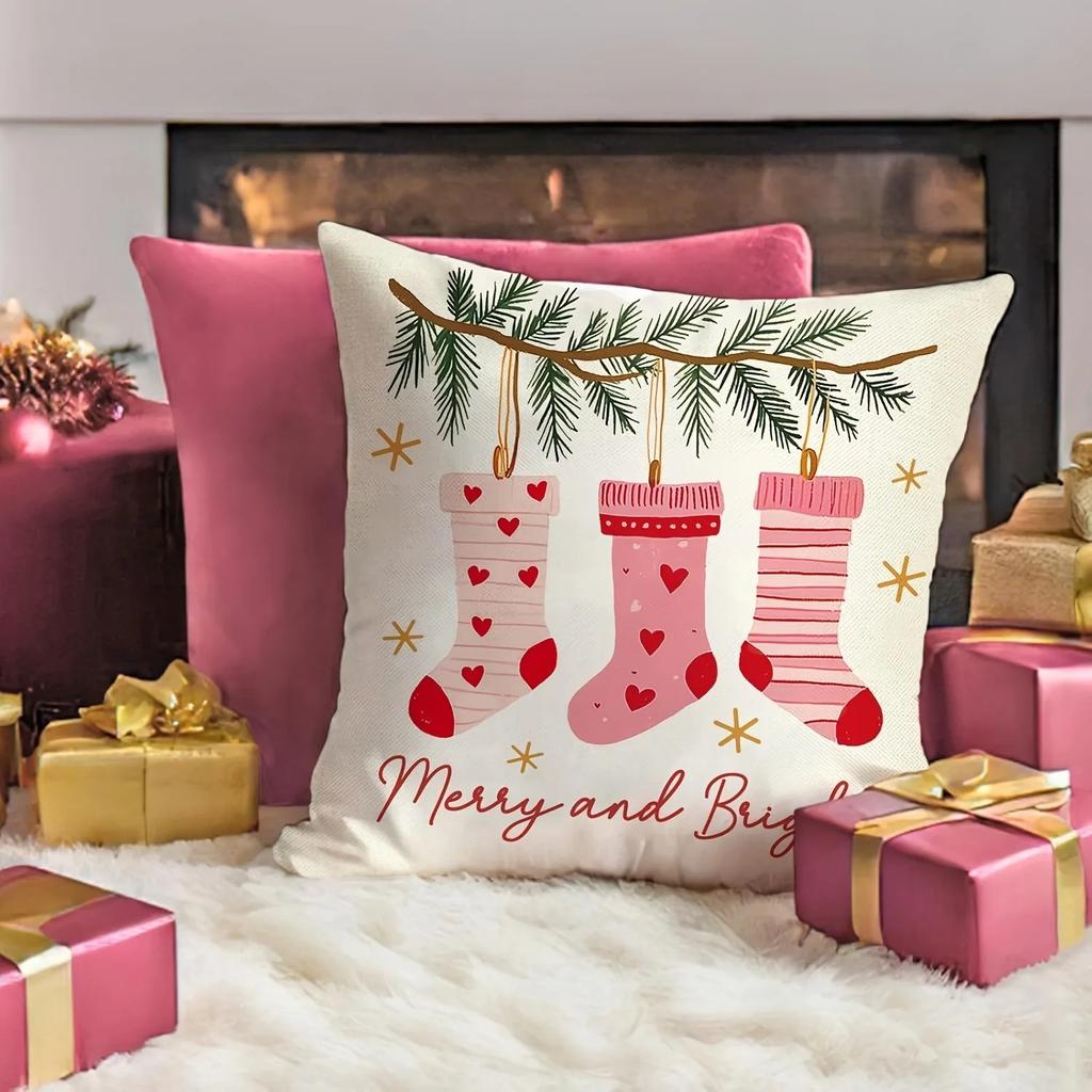Charming Pink Christmas Pillowcase: Gingerbread House, Trees, Socks And Comfortable Cup Design, Sofa Room Cushion Cover, Home De