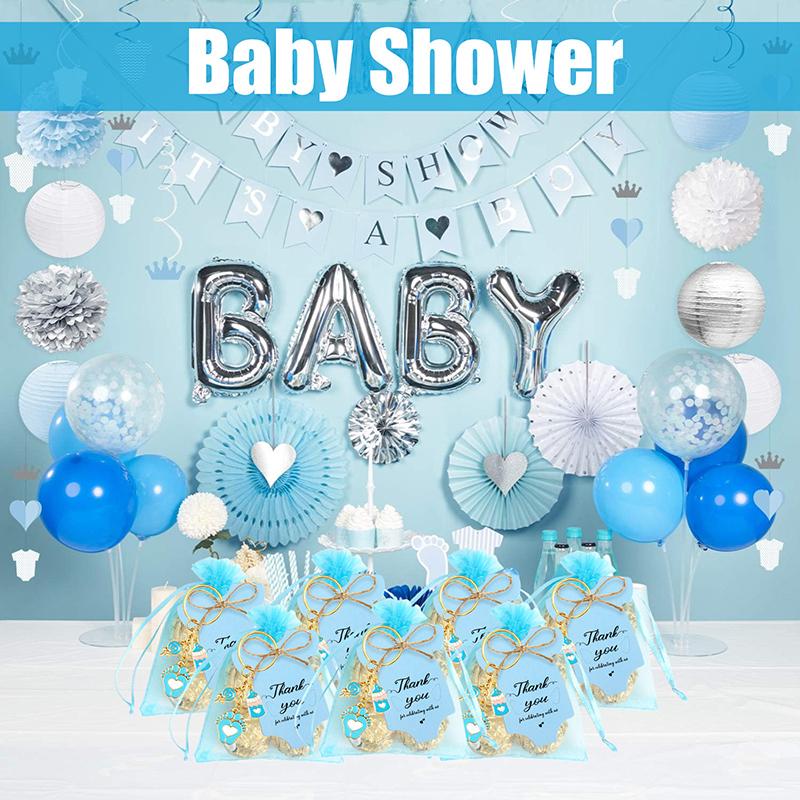 12 Sets Baby Shower Favors For Girl Boy Footprint Keychains Gifts With Bottle Lollipop Organza Bags And Thank You Tags