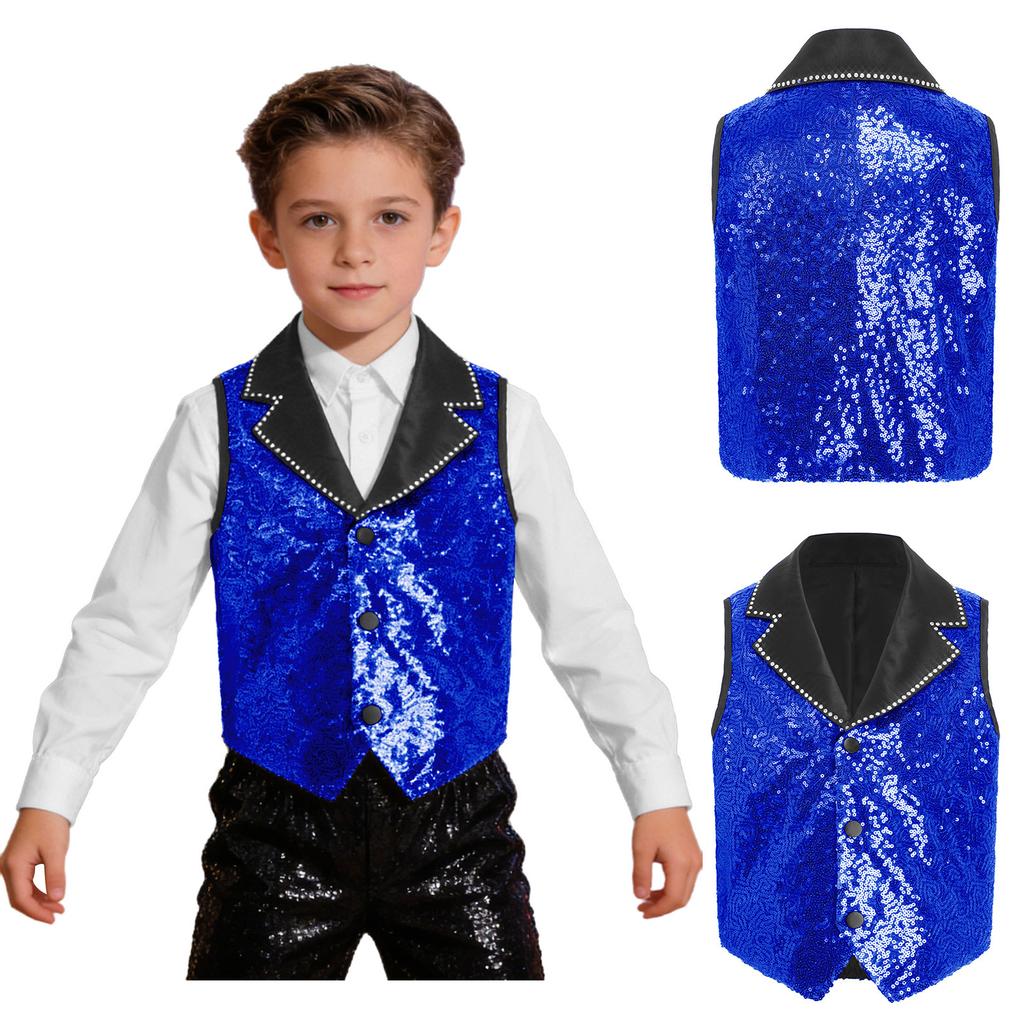 Boys Girls Sparkly Sequin Vest Contrast Lapel Collar Sleeveless Asymmetrical Waistcoat for Stage Performance Costume Tops